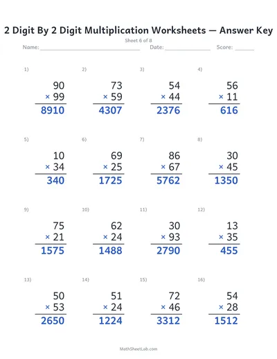 2 digit by 2 digit multiplication worksheets — Sheet 6 answers