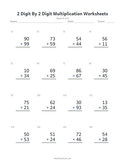 2 digit by 2 digit multiplication worksheets — Sheet 6
