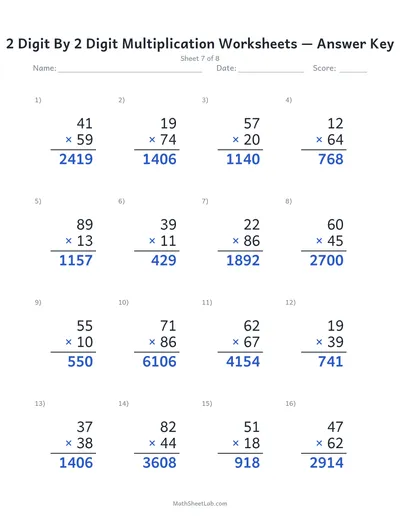 2 digit by 2 digit multiplication worksheets — Sheet 7 answers
