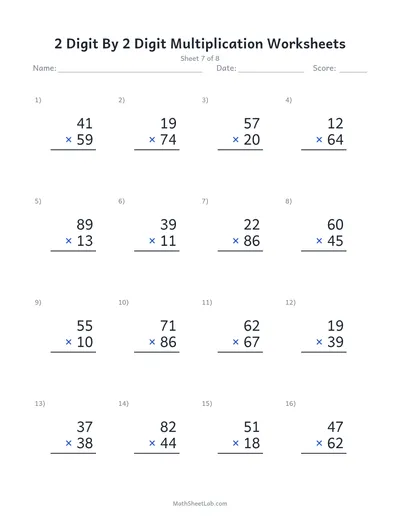 2 digit by 2 digit multiplication worksheets — Sheet 7
