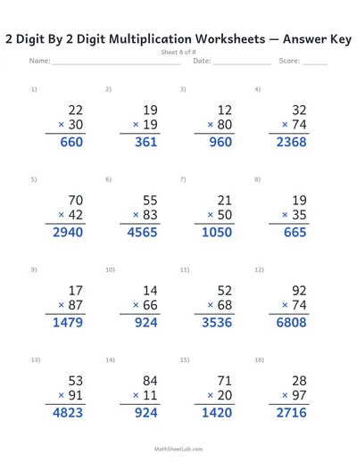 2 digit by 2 digit multiplication worksheets — Sheet 8 answers