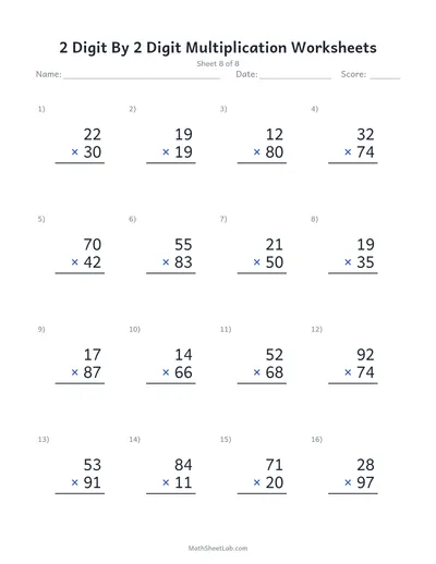 2 digit by 2 digit multiplication worksheets — Sheet 8