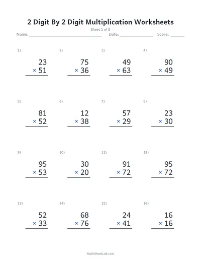 2 digit by 2 digit multiplication worksheets — Sheet 1