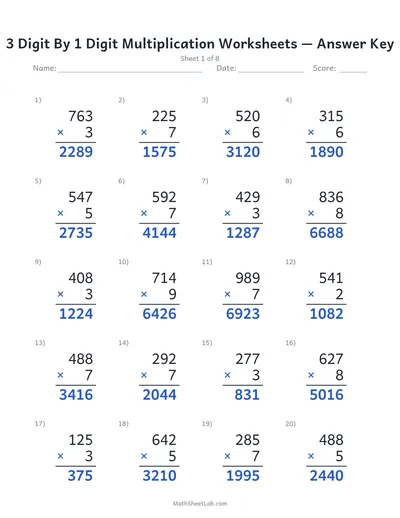 3 digit by 1 digit multiplication worksheets — Sheet 1 answers