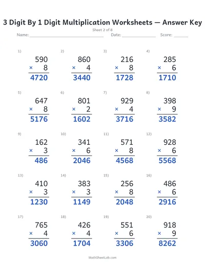 3 digit by 1 digit multiplication worksheets — Sheet 2 answers