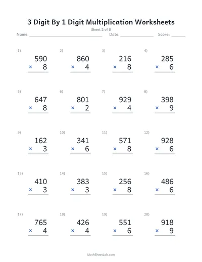 3 digit by 1 digit multiplication worksheets — Sheet 2
