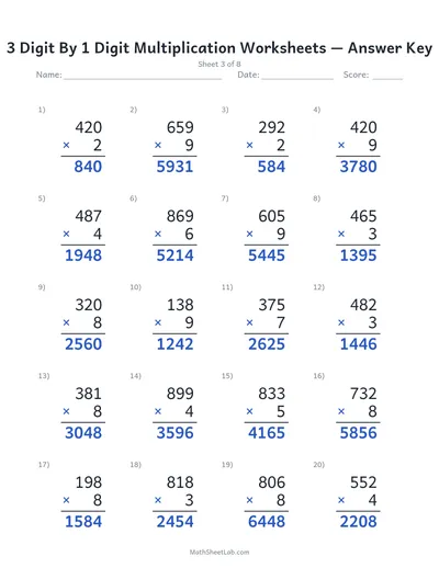 3 digit by 1 digit multiplication worksheets — Sheet 3 answers