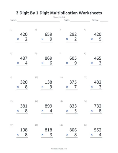 3 digit by 1 digit multiplication worksheets — Sheet 3
