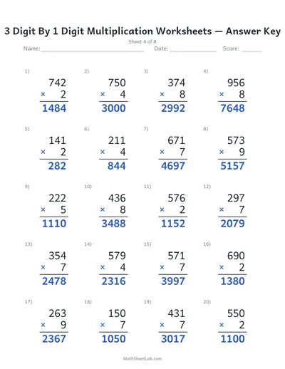 3 digit by 1 digit multiplication worksheets — Sheet 4 answers