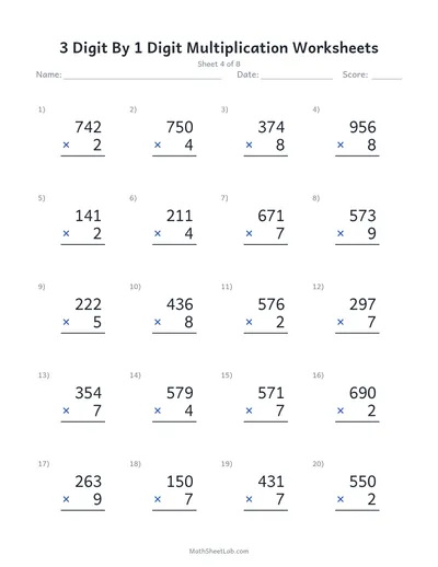 3 digit by 1 digit multiplication worksheets — Sheet 4