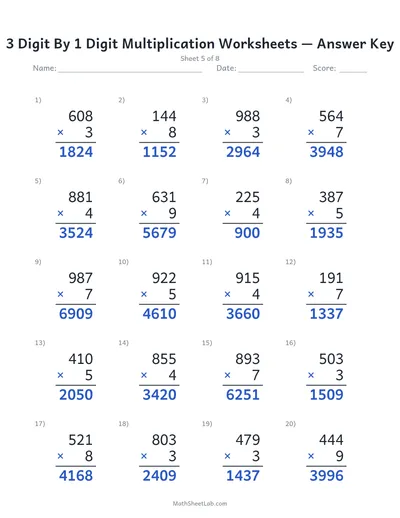 3 digit by 1 digit multiplication worksheets — Sheet 5 answers