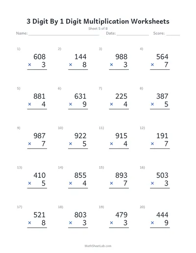 3 digit by 1 digit multiplication worksheets — Sheet 5