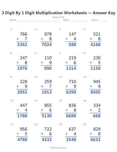 3 digit by 1 digit multiplication worksheets — Sheet 6 answers