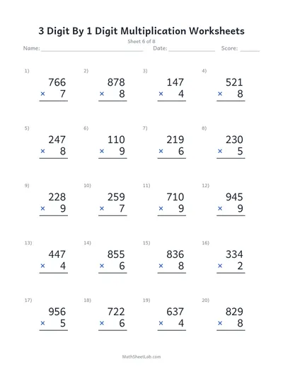 3 digit by 1 digit multiplication worksheets — Sheet 6