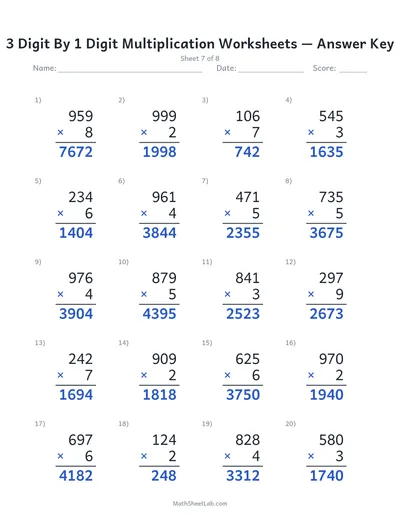 3 digit by 1 digit multiplication worksheets — Sheet 7 answers