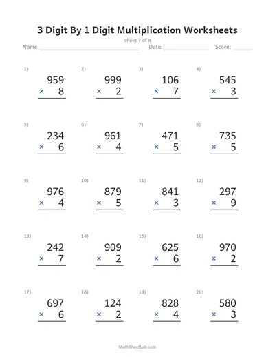 3 digit by 1 digit multiplication worksheets — Sheet 7
