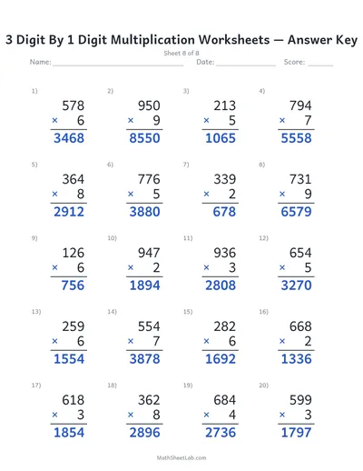 3 digit by 1 digit multiplication worksheets — Sheet 8 answers