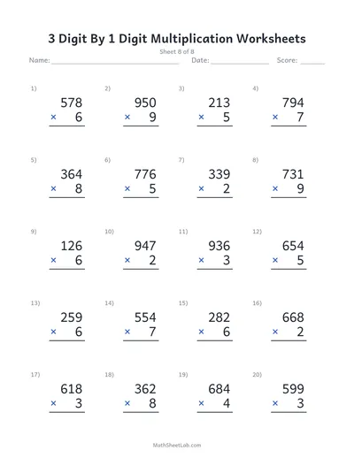 3 digit by 1 digit multiplication worksheets — Sheet 8