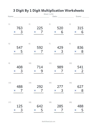 3 digit by 1 digit multiplication worksheets — Sheet 1