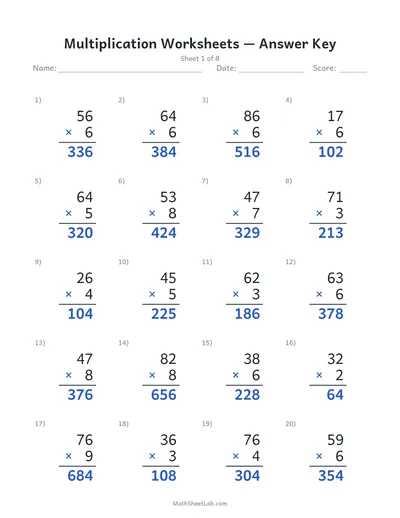 Multiplication worksheets — Sheet 1 answers