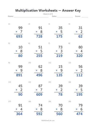 Multiplication worksheets — Sheet 2 answers