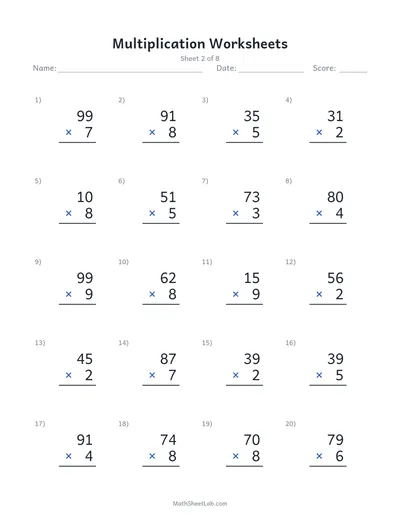 Multiplication worksheets — Sheet 2