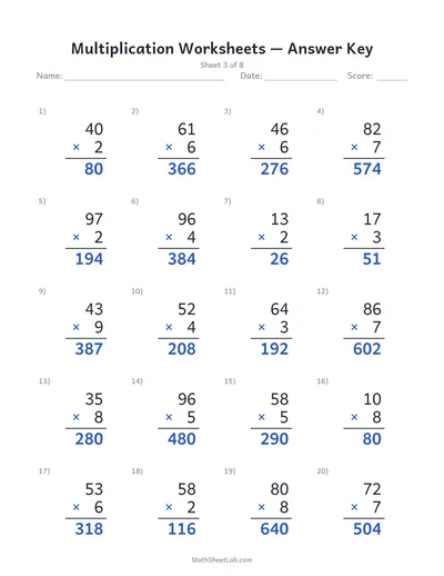 Multiplication worksheets — Sheet 3 answers