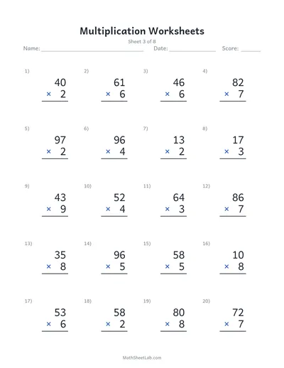 Multiplication worksheets — Sheet 3