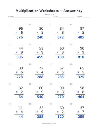 Multiplication worksheets — Sheet 4 answers