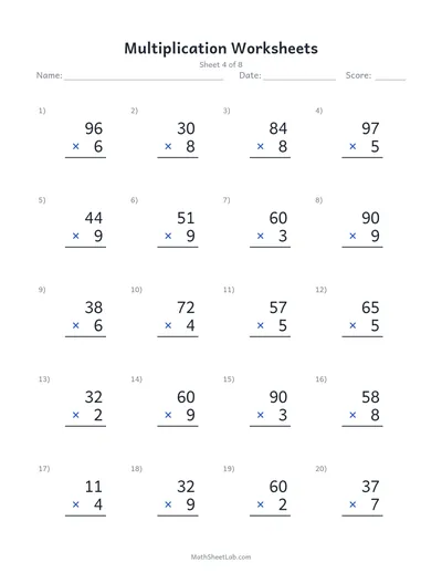Multiplication worksheets — Sheet 4