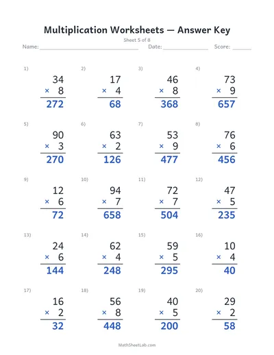 Multiplication worksheets — Sheet 5 answers