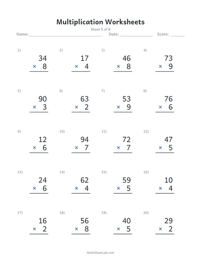 Multiplication worksheets — Sheet 5
