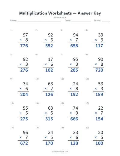 Multiplication worksheets — Sheet 6 answers