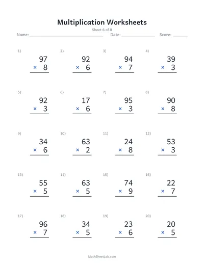 Multiplication worksheets — Sheet 6