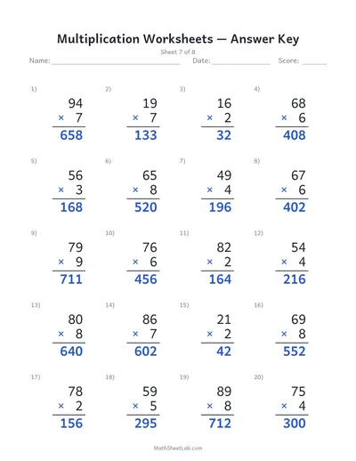 Multiplication worksheets — Sheet 7 answers