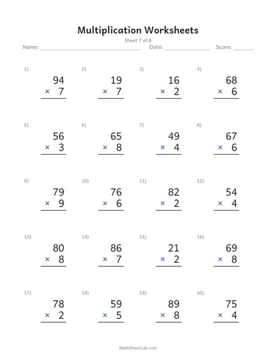 Multiplication worksheets — Sheet 7