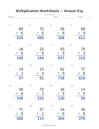 Multiplication worksheets — Sheet 8 answers