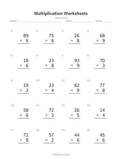 Multiplication worksheets — Sheet 8