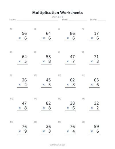 Multiplication worksheets — Sheet 1