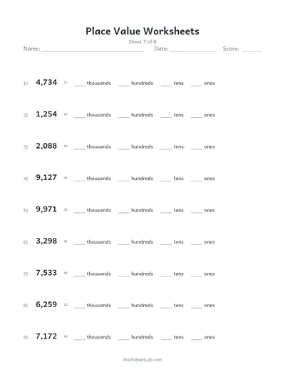 Place value worksheets — Sheet 7