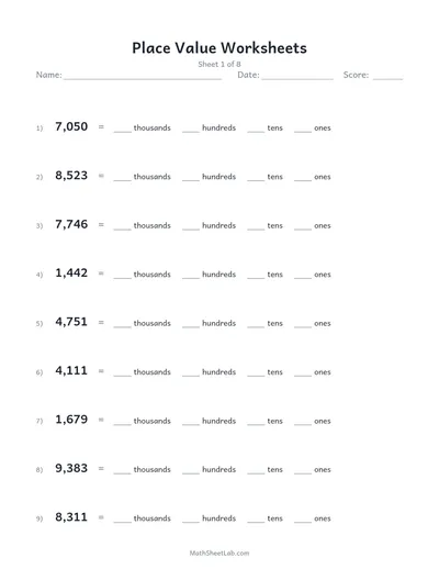 Place value worksheets — Sheet 1