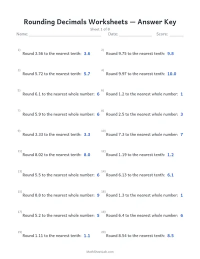 Rounding decimals worksheets — Sheet 1 answers