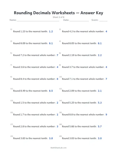 Rounding decimals worksheets — Sheet 2 answers