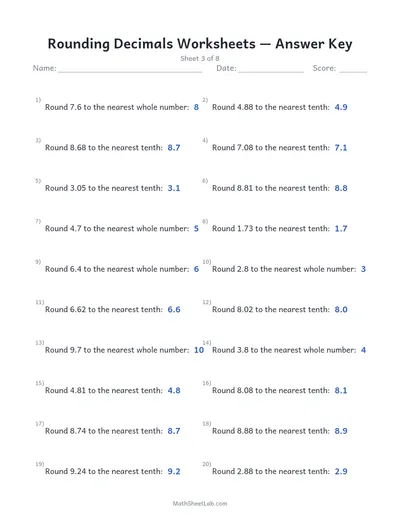 Rounding decimals worksheets — Sheet 3 answers