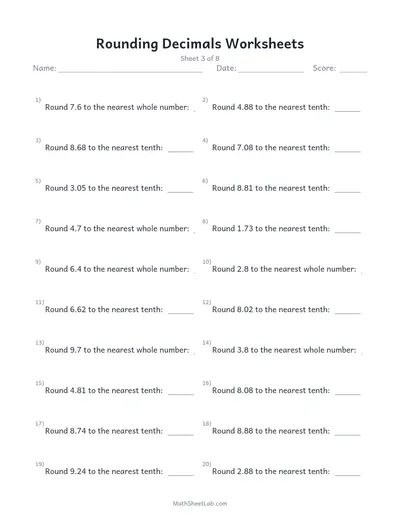 Rounding decimals worksheets — Sheet 3