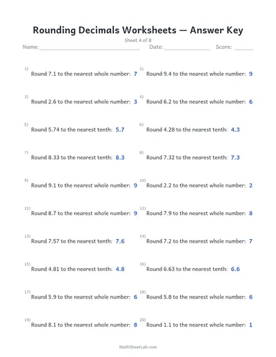 Rounding decimals worksheets — Sheet 4 answers