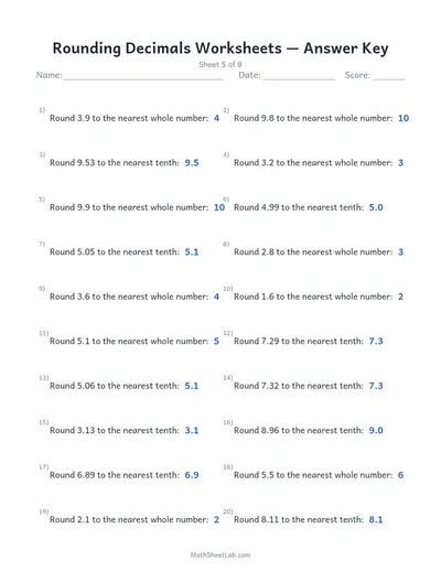 Rounding decimals worksheets — Sheet 5 answers
