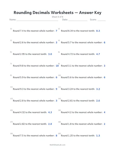 Rounding decimals worksheets — Sheet 6 answers
