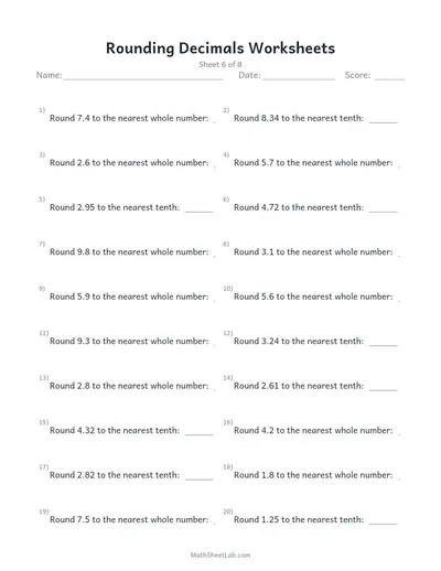 Rounding decimals worksheets — Sheet 6