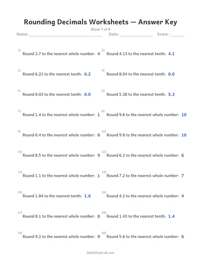 Rounding decimals worksheets — Sheet 7 answers